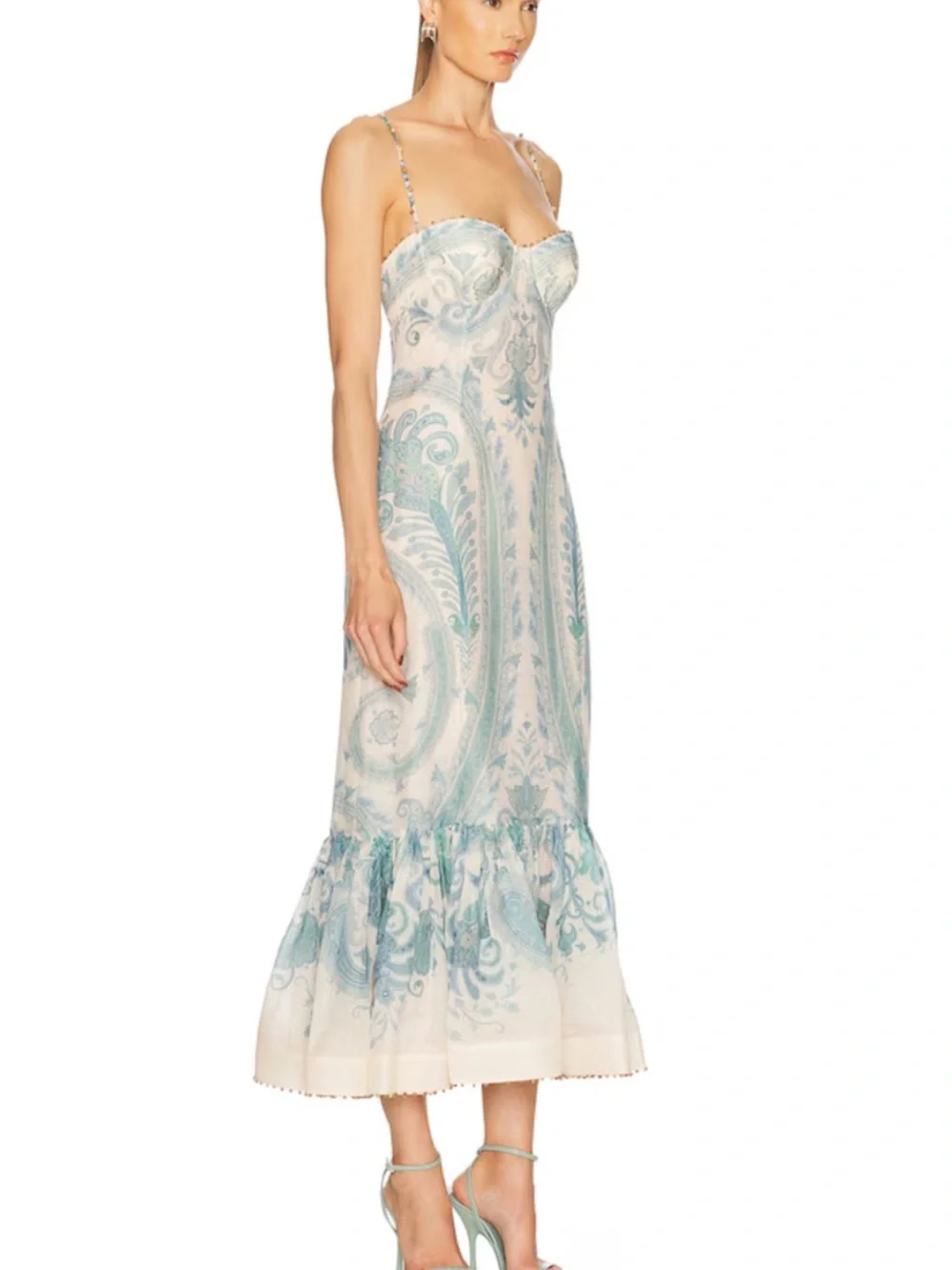 Zimmermann Illuminate Gown Cream and Teal Paisley Spaghetti-Strap Midi Dress - Picture 3 of 16